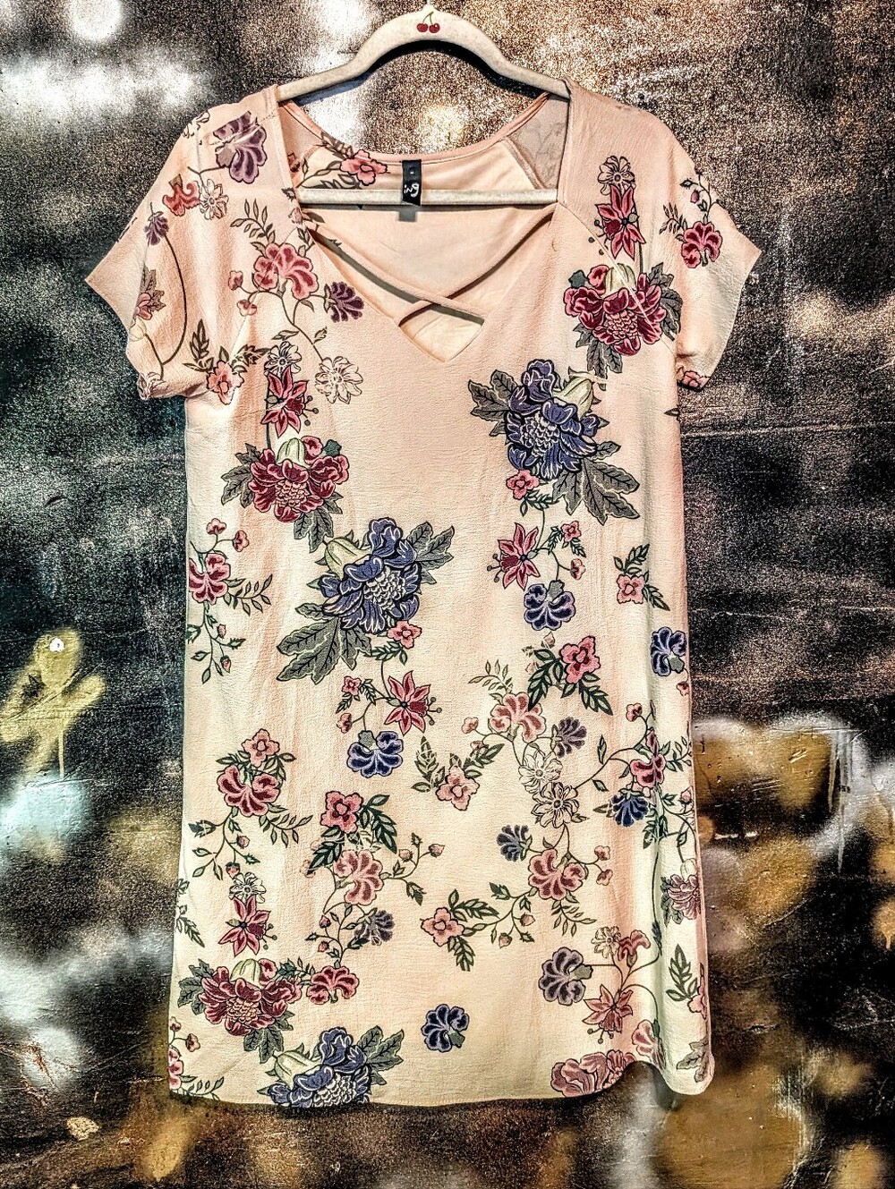 Ing Floral Crisscross V-Neck Tunic in Blush with Blue and Green Accents